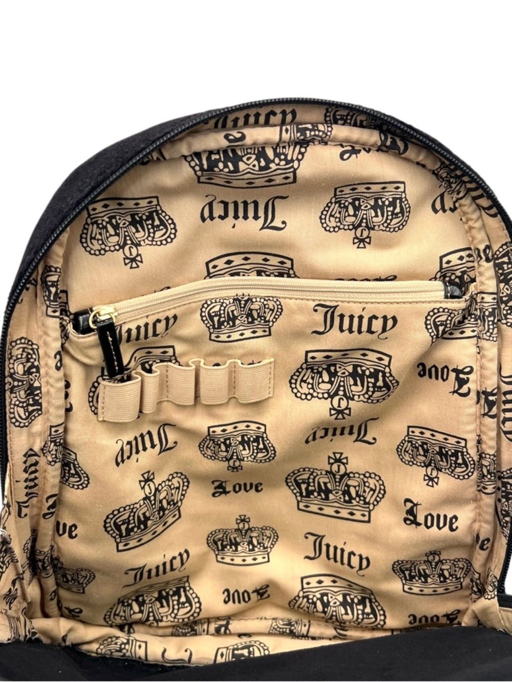 Juicy Couture Vintage Y2K Black Velour Backpack Embroidered Floral Crest Logo - Picture 12 of 13